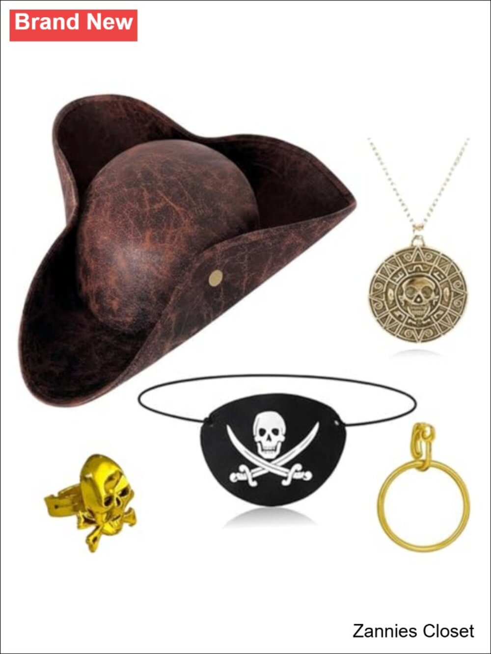 👻 5Pc Pirate Costume Accessories Set Tricorn Hat Eye Patch Jewelry Cosplay